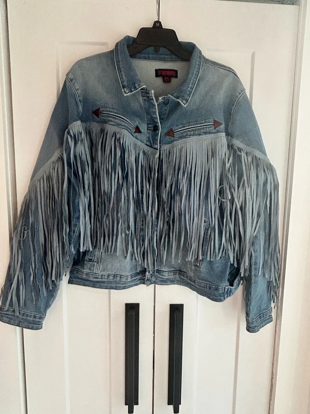 Rock & Roll Denim Light Wash Tonal Suede Fringe Button-Down Jacket - Picture 3 of 10
